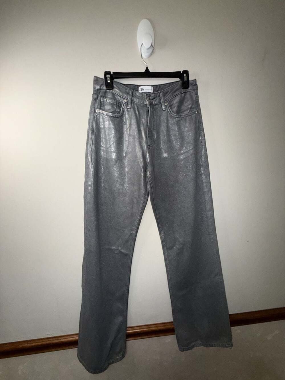 Zara Metallic Silver Coated Straight Leg Jeans